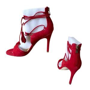 Ivanka Trump Red Suede Leather Strappy Lace Up Sandal Shoe $175 New NIB Fringe